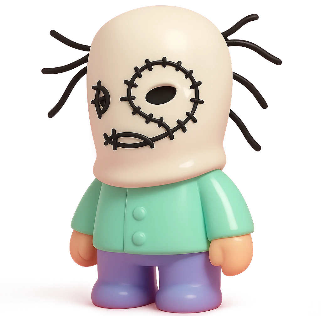 The mask is made of thick, white knitted fabric that fully covers the head and neck. It features irregular black stitching that outlines the eye and mouth areas, creating an abstract, hand-drawn effect. Several black cords or threads extend outward from the mask, adding a textured, chaotic look. The eye openings are partially exposed, allowing visibility, while the mouth area remains mostly covered. The overall construction appears handcrafted, with visible seams and uneven lines contributing to a rough, deconstructed aesthetic. emoji