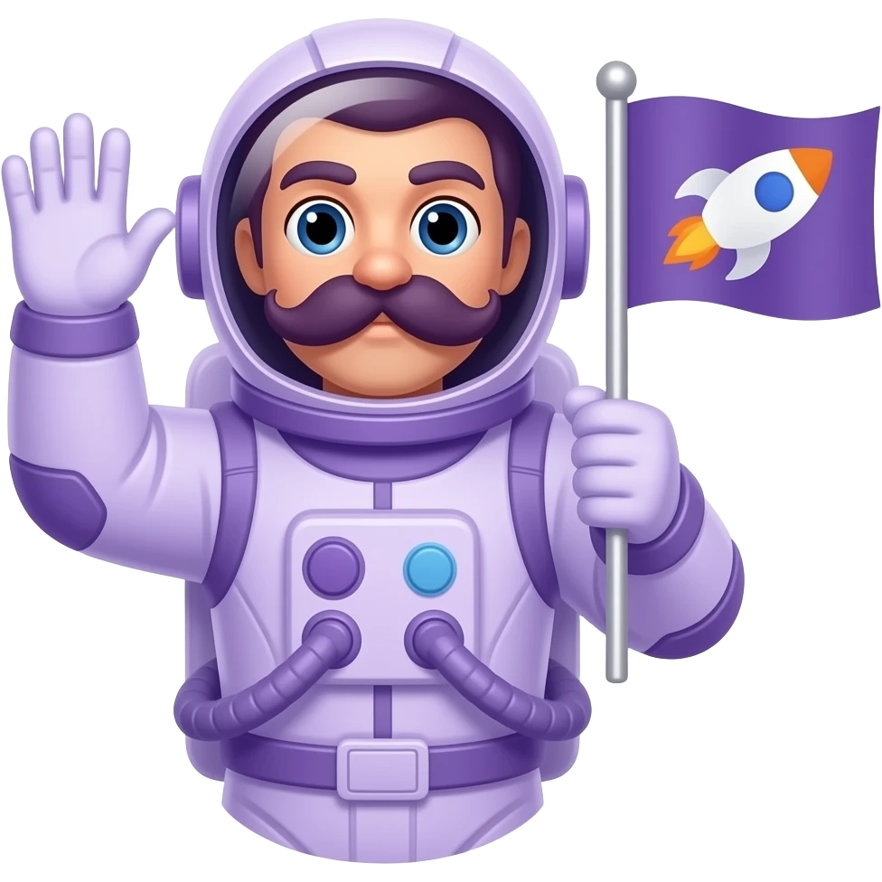 Emoji de um astronauta meio roxo dando saudação para alguém. A bandeira no braço precisa ser algo comoo simbolo da rocketseat Mas é preciso que seja um astronauta de bigode , bigodão e o traje roxo mesmo, Não tenha simbolo na roupa Seja só o busco do astronauta emoji