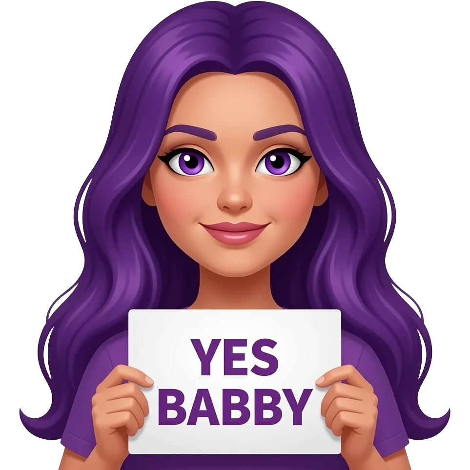 sexy girl with long purple hair and purple eyes holding a YES BABY sign emoji