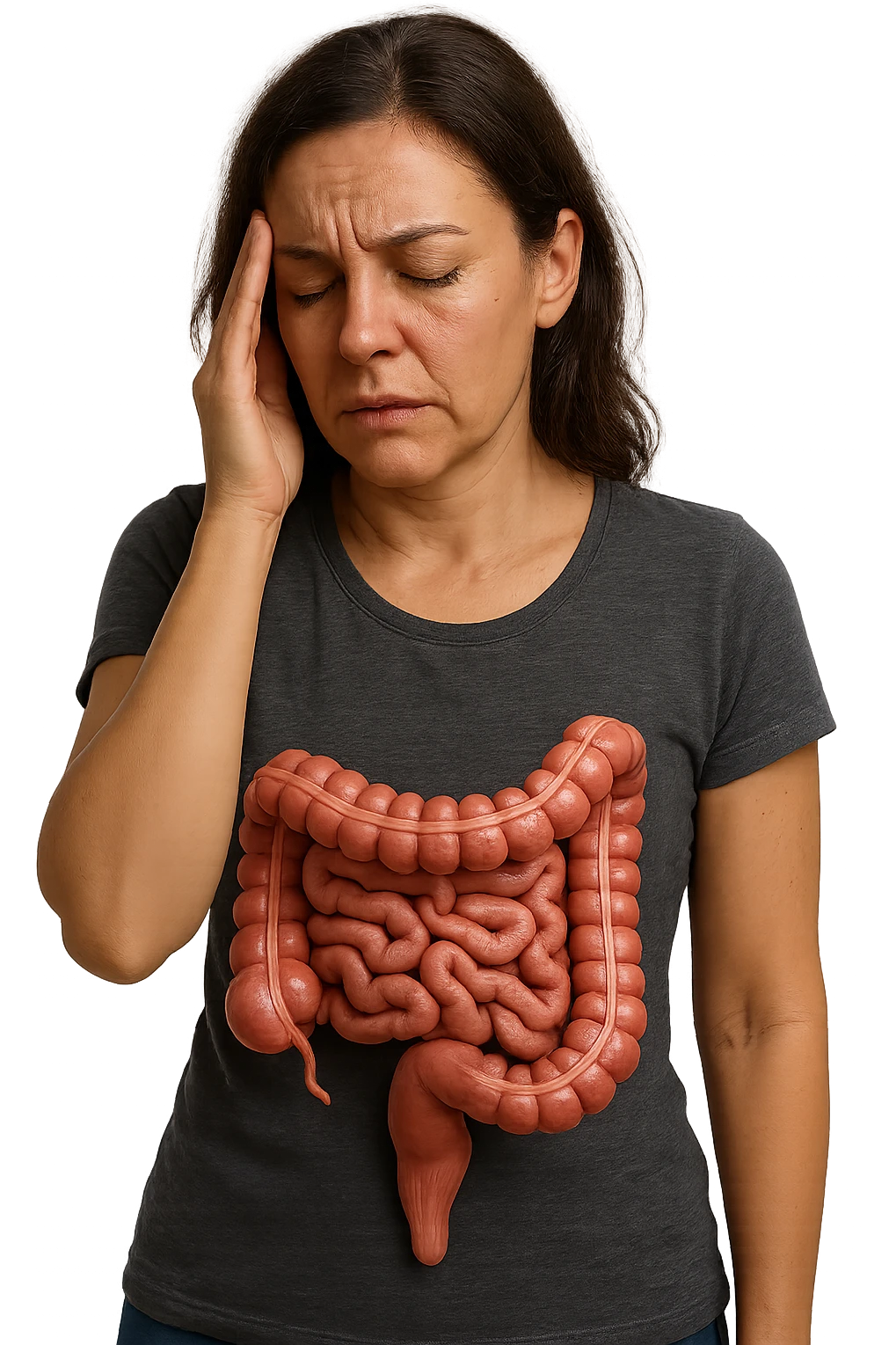 donna stanca che si tiene una mano sulla tempia con intestino umano anatomico visibile, iperrealistico 4k emoji