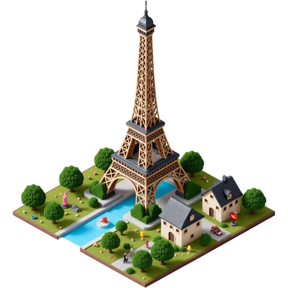 Isometric illustration of Paris, featuring the photorealistic Eiffel Tower surrounded by small Parisian buildings and trees, highly detailed in semi-realistic style emoji