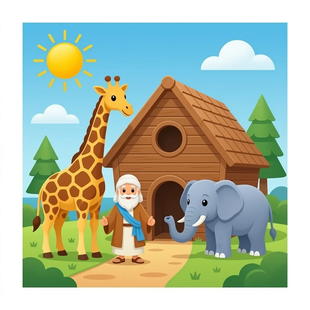 Noah’s Ark with Noah and giraffe and elephant emoji