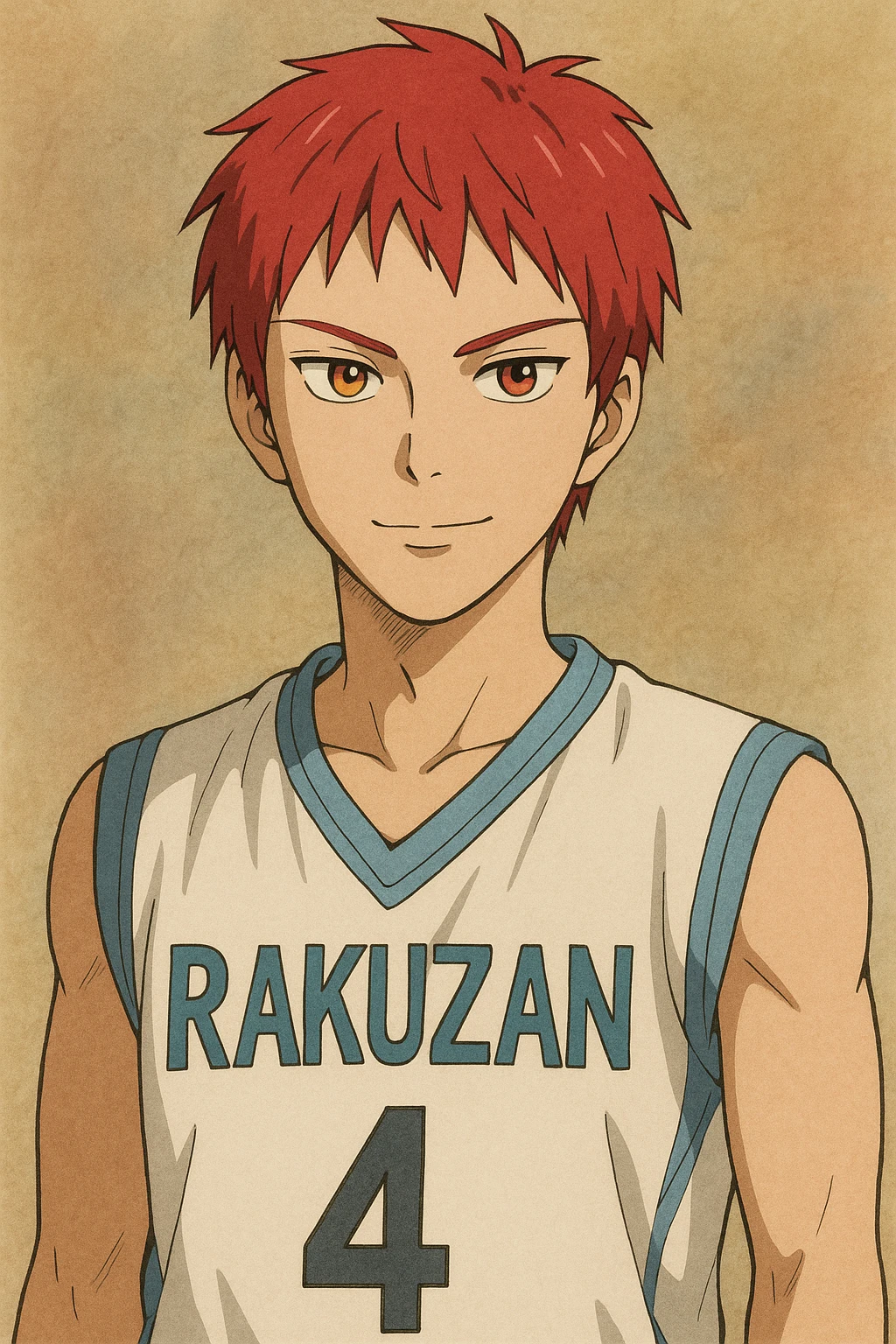 Seijuro Akashi, red hair, heterochromia with one red eye and one yellow eye, wearing Rakuzan basketball uniform, confident expression, anime style portrait emoji