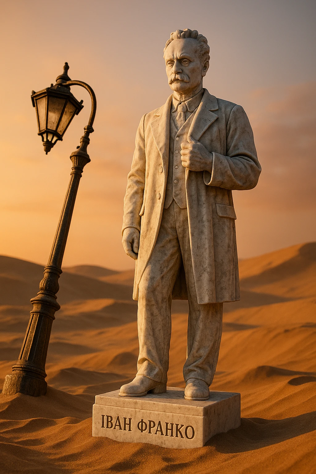 Ultra-realistic marble statue of a person from a reference image, standing in desert sand next to a broken lamppost. Pedestal inscription: 'Іван Франко'. Sunset lighting, view from below. emoji