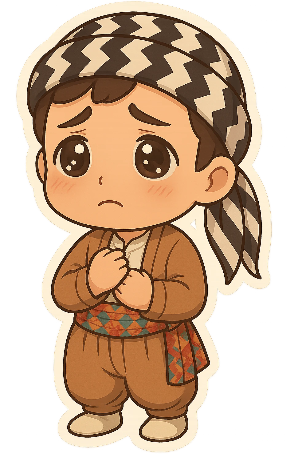 Create a chibi Kurdish cartoon sticker based on the reference image, showing a longing (missing someone) expression, with a transparent background. emoji