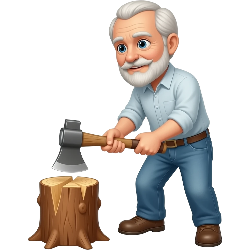 elderly man chopping wood block with axe emoji