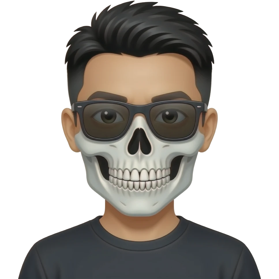 Crear un emoji de un hombre de pelo corto chino con pasamontañas de calavera y gafas obscuras emoji