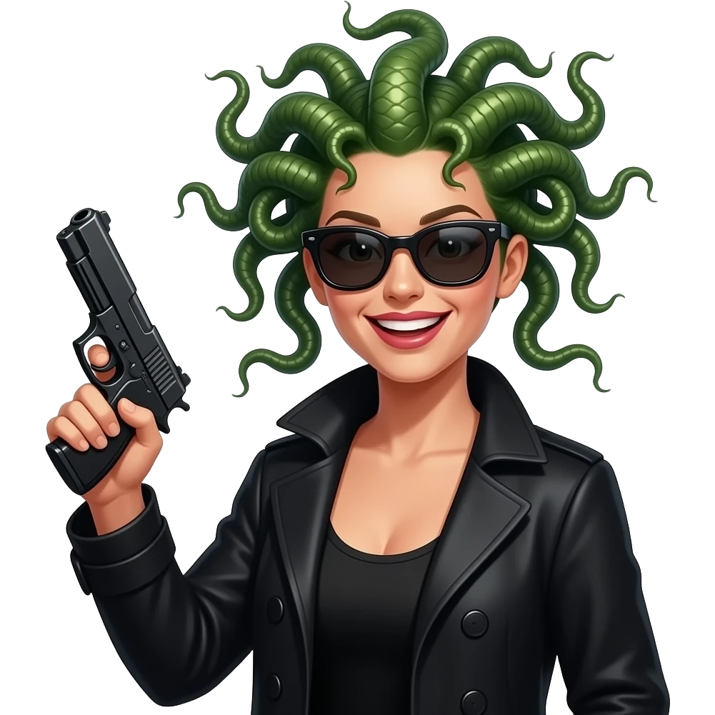 Giggling beautiful female Medusa in black coat with sunglasses holding gun emoji