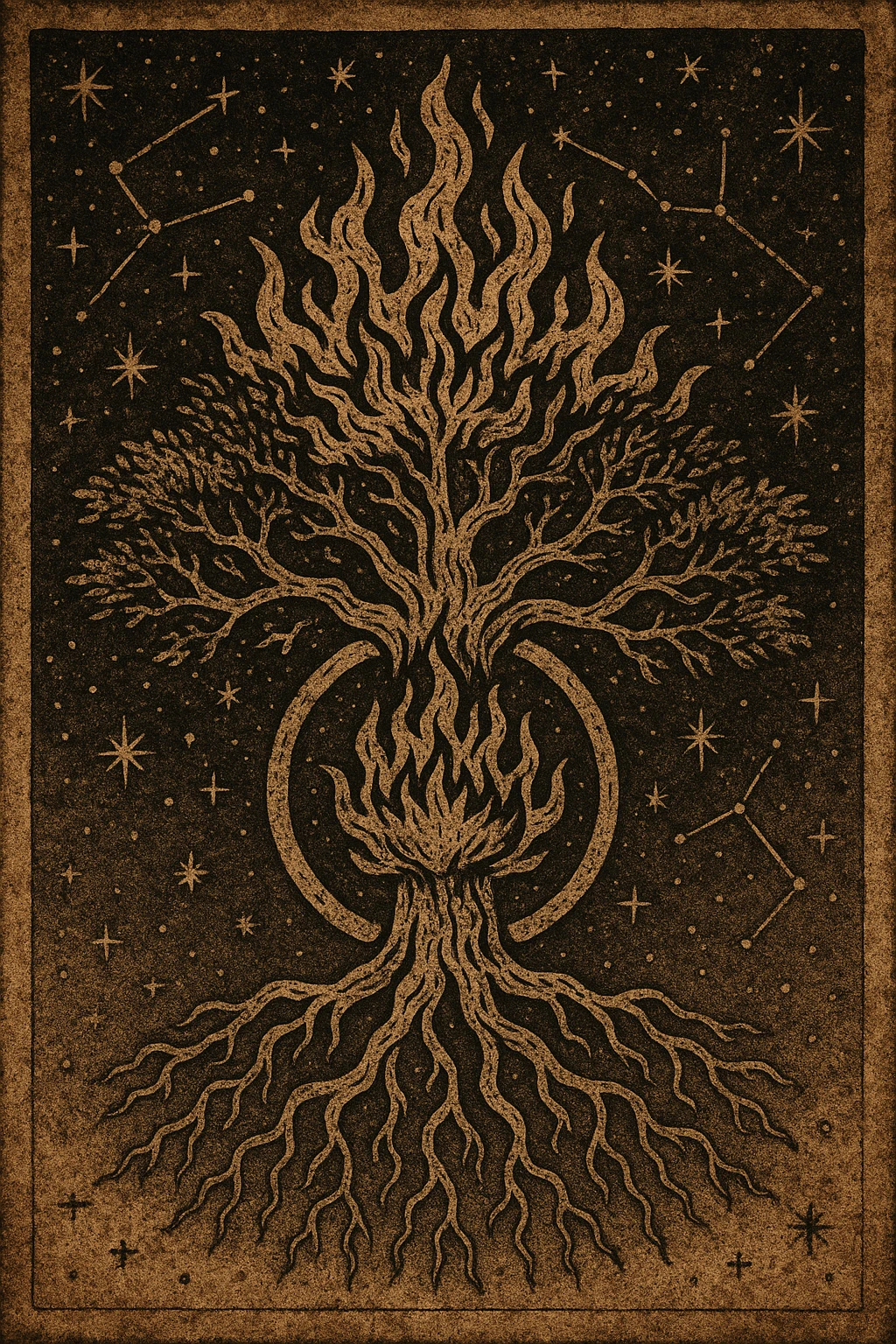 proto gothic ancient star constellation image of a flaming world tree with roots reaching down emoji