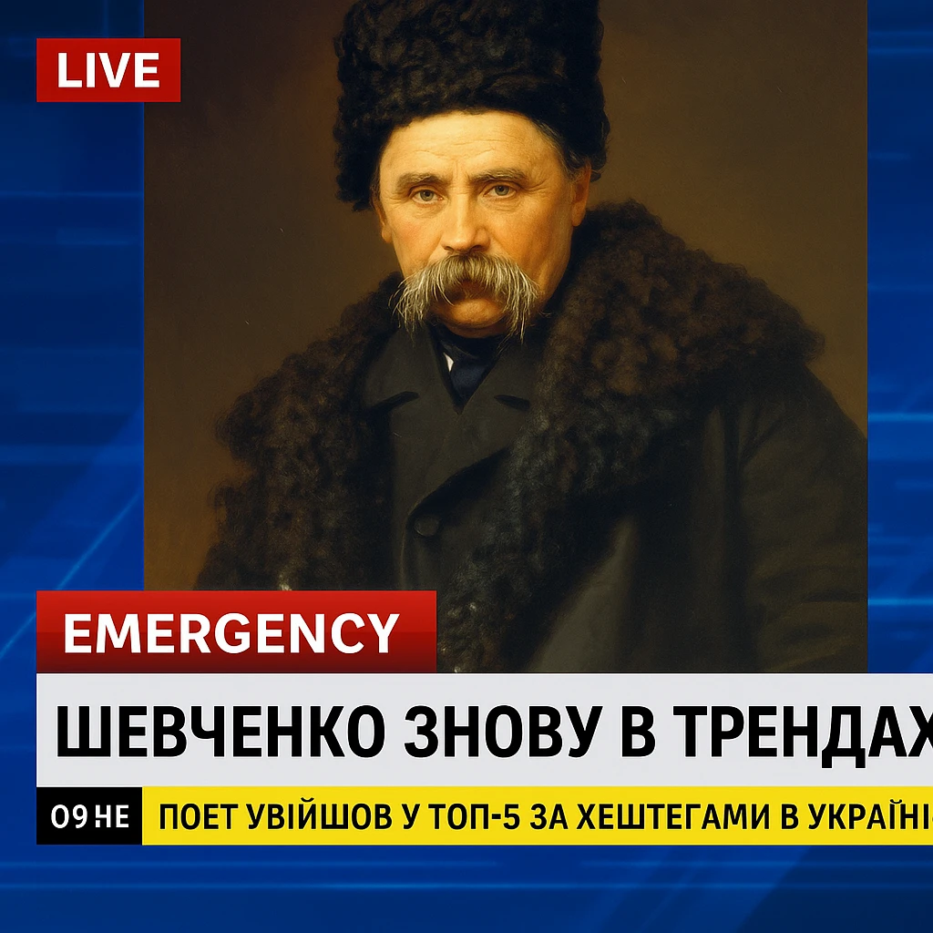 A realistic screenshot of a television news broadcast with an emergency report about Ukrainian poet Taras Shevchenko.
A downloaded image was used in the composition.
In the lower third of the screen, the headline "Шевченко знову в трендах" is displayed in large bold font,
and below it is a concise news ticker with the text "Поет увійшов у ТОП-5 за хештегами в Україні",
which provides brief updates.
The colour palette is clear and professional, with contrasting tones
characteristic of authoritative news channels.
The entire scene conveys the urgency and drama inherent in live news broadcasts. emoji