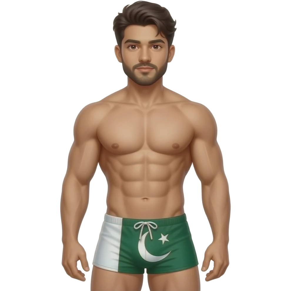 full body pakistani young male standing with muscular build in thong with pakistan flag theme emoji
