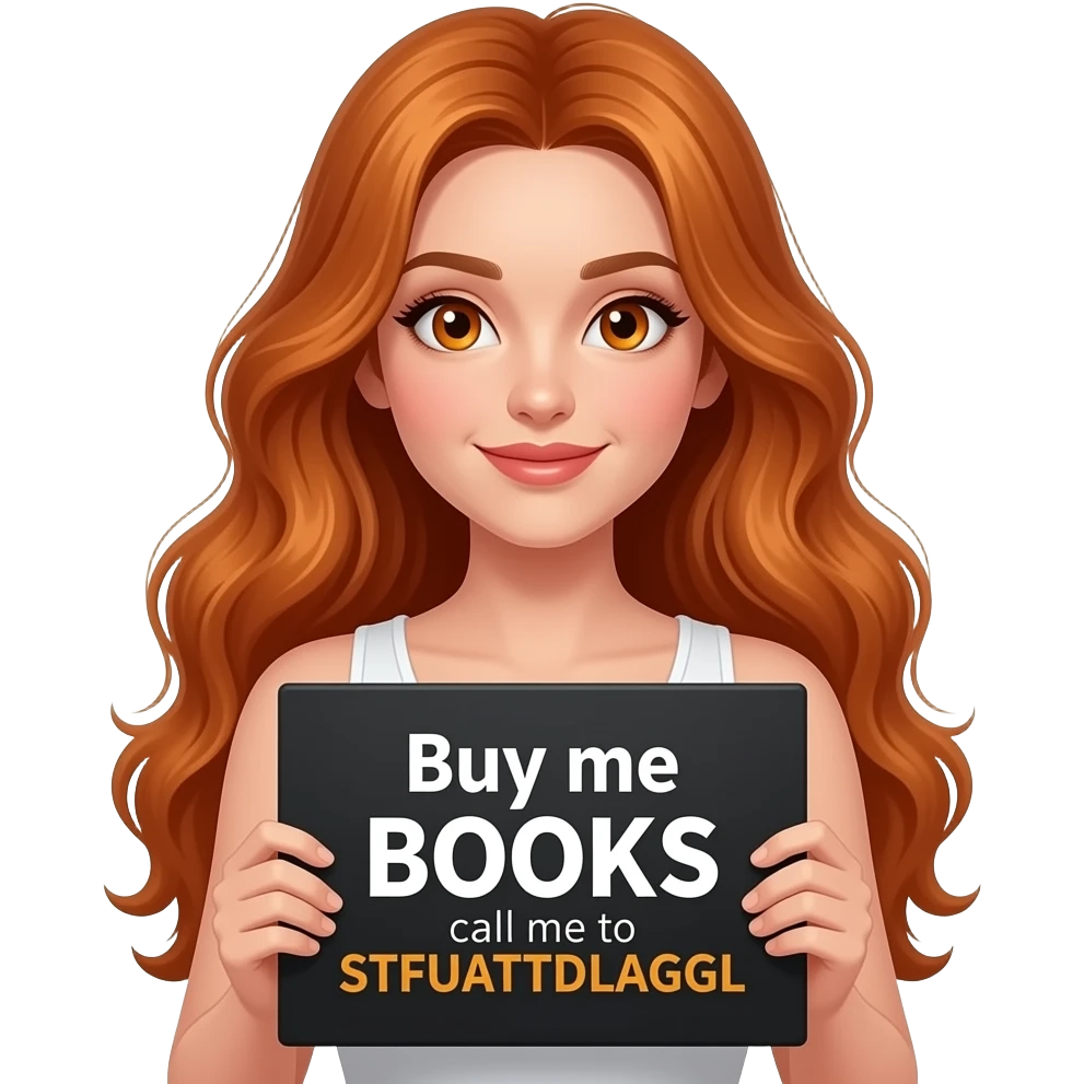 sexy girl with long wavy ginger hair and ginger eyes wearing a white tanktop is holding a black colored sign with Buy me BOOKS and call me to STFUATTDLAGGL written on it emoji