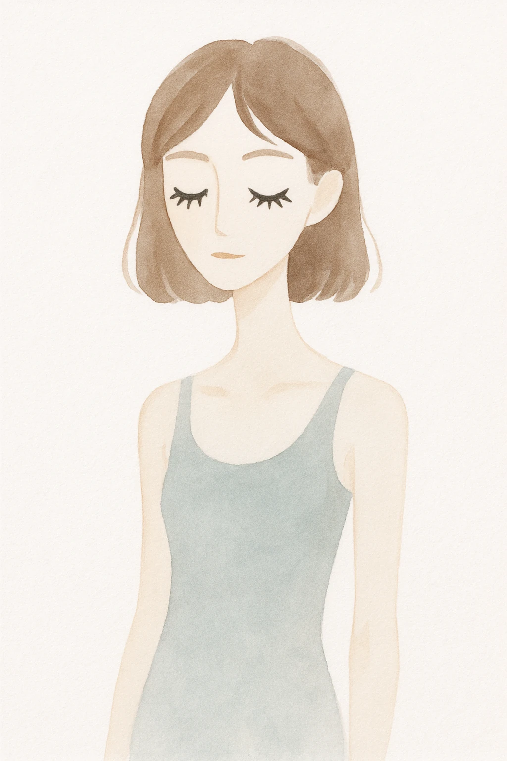 skinny girl with brown hair, pale skin, big lashes, soft watercolor style emoji