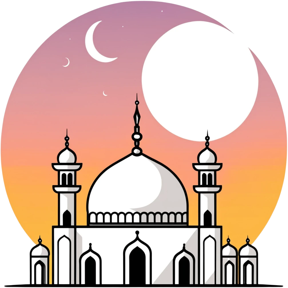 Mosque at sunset with crescent moon emoji