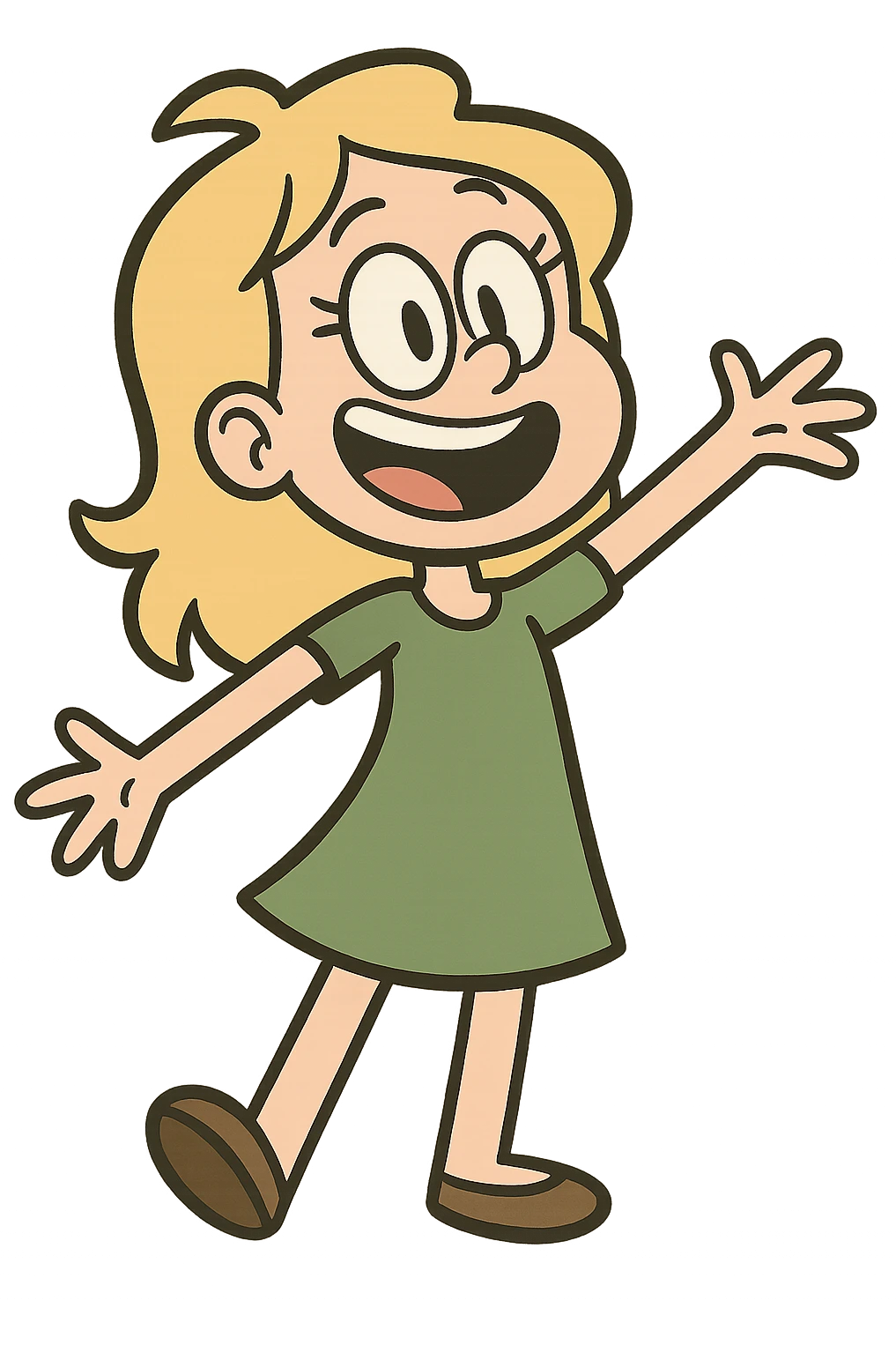 cartoon girl with blonde hair and a green dress, happy, no background emoji