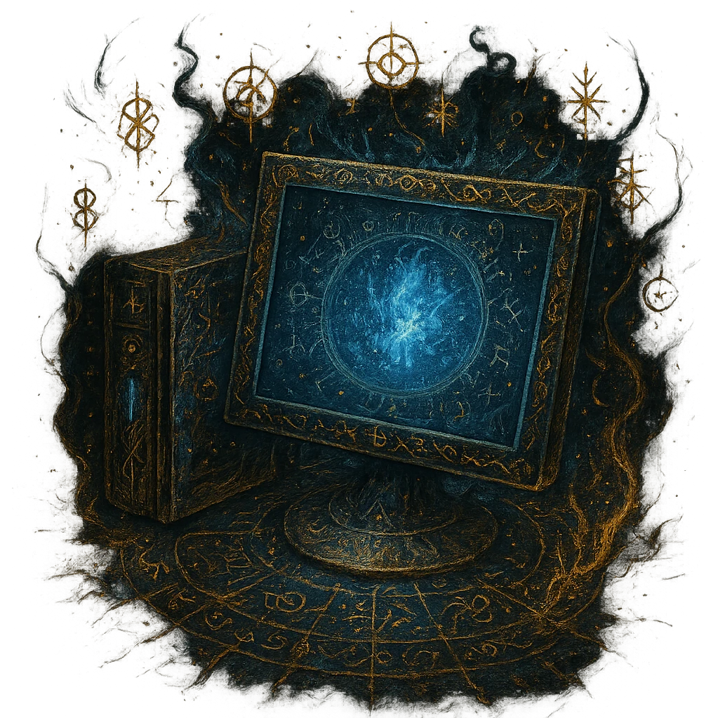Re-create the Windows 'My Computer' icon as an Elden Ring incantation artwork with a transparent background. The computer should appear as a magical relic with glowing runes, arcane symbols, and magical effects in a mystical, dark fantasy style inspired by Elden Ring incantation and sorcery icons. 1080 x 1080 format. emoji