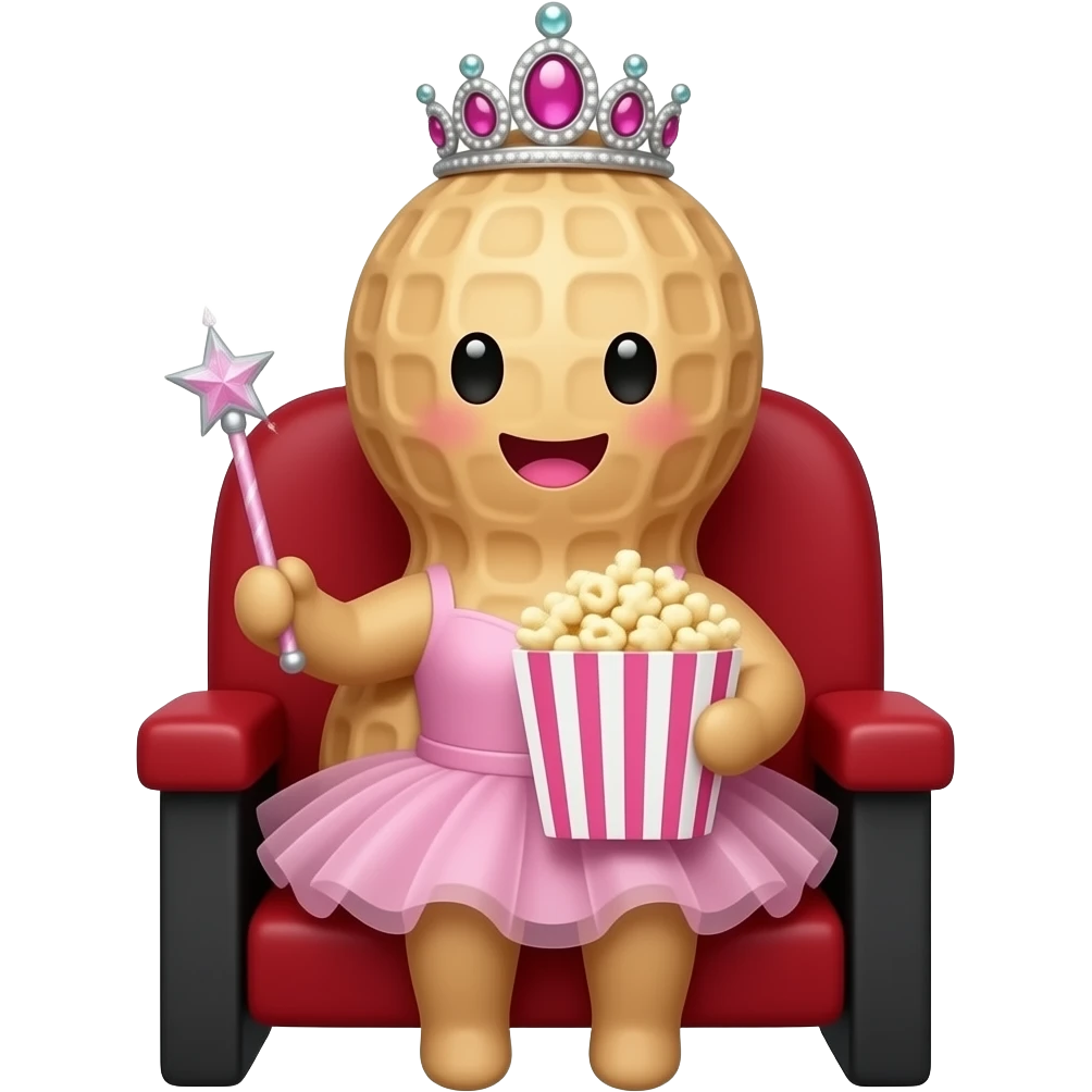 A peanut with a smiling chibi face and pink lips, a princess tiara, a tutu, and a sparkling wand- sitting in the opera box of a theatre holding popcorn emoji
