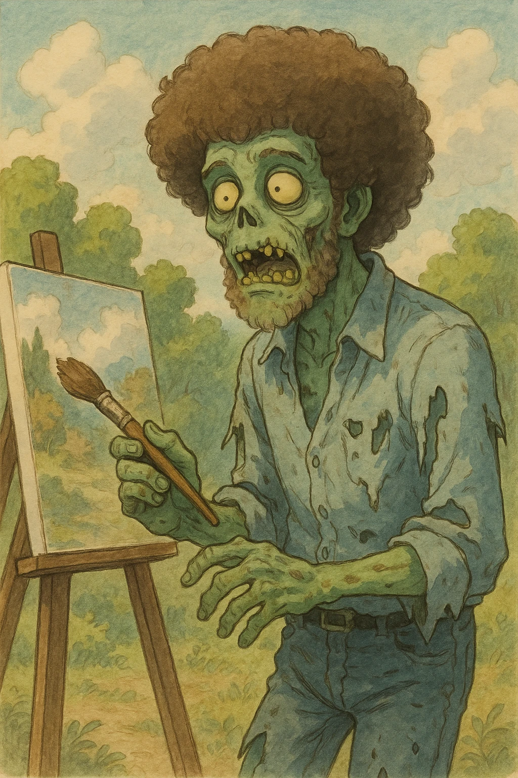 Bob Ross as a zombie, holding a paintbrush, greenish skin, tattered clothes, Ghibli-inspired style emoji