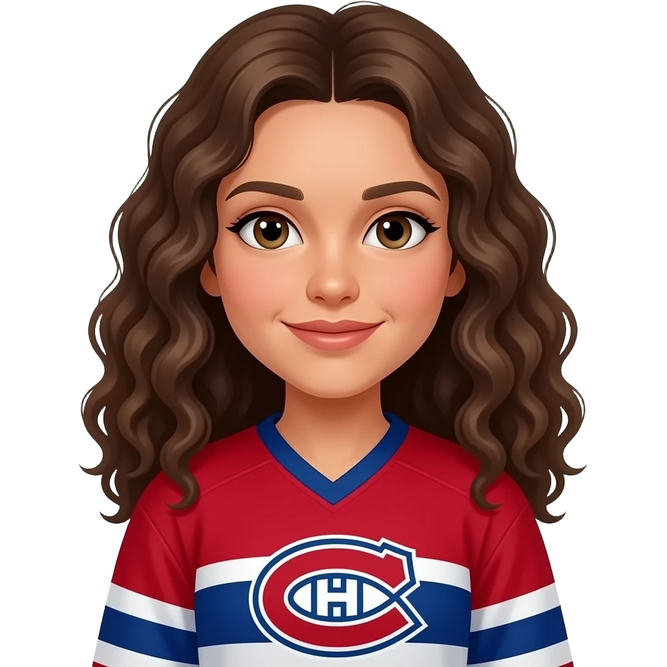 Habs fan red jersey emoji, mixed girl with long brown curly hair emoji