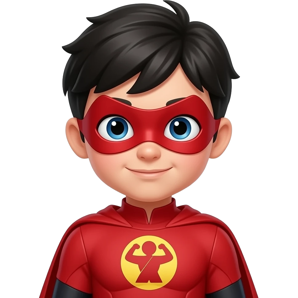 quiero que me hagas a un superheroe con el pelo negro mascara roja i con un traje rojo i un simbolo de fuerza que sea UN NIÑO emoji