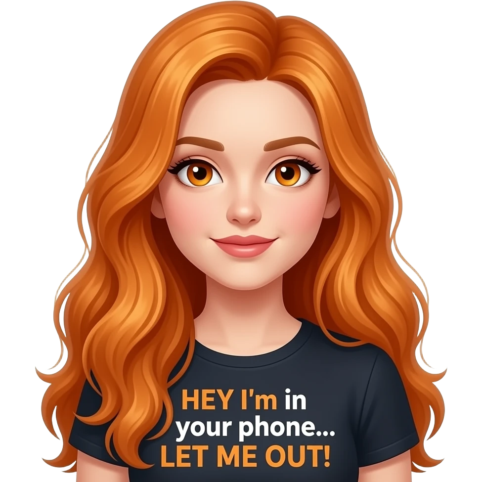 sexy girl with overlong ginger hair and ginger eyes a top with HEY I'm in your phone... LET ME OUT! written on it emoji