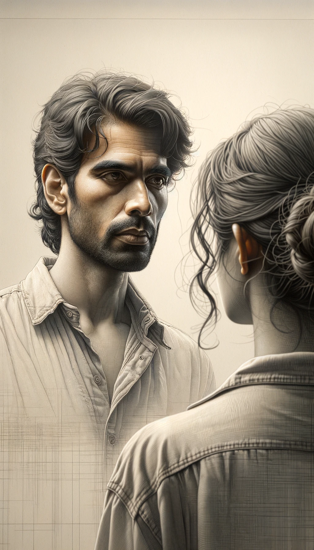 a close-up scene where one person, facing the viewer, is talking with clear emotion, while another person is shown from the back, their head slightly turned as they listen. The background is a clean, light color, enhancing the clarity and realism of the scene. Fine details in facial features, hair texture, and clothing are visible. emoji