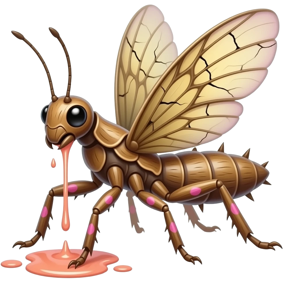 A flying forest Walkingsticks crawler with sticky sap running through cracks in its bark-like body. petal wings it's made of bark but has a shell on its back, it has spikes and runs fast with all its limbs. It's full of pink petal markings, and looks like a Walkingstick insect with a petal bark body emoji