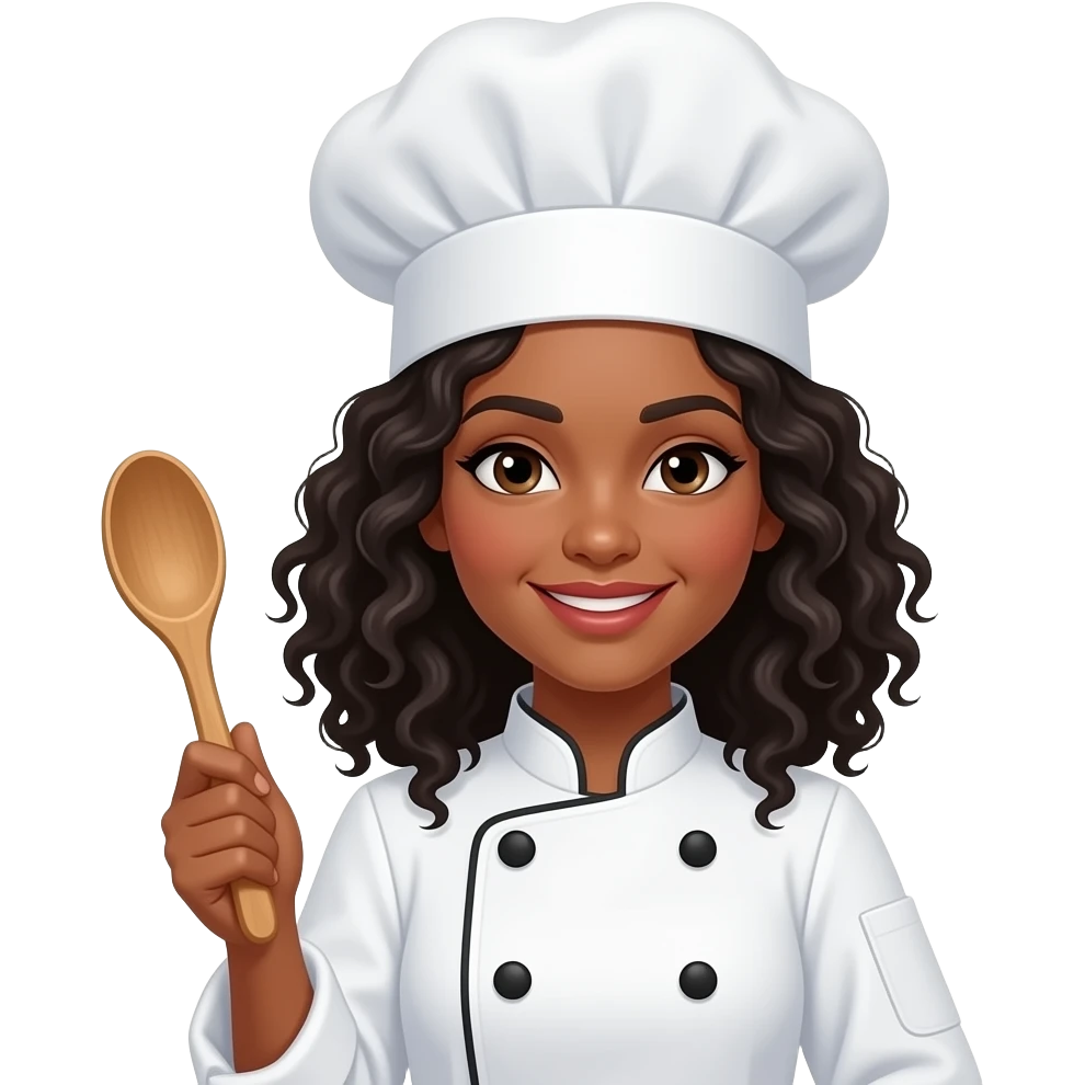 A light brown skinned woman with shoulder-length curly black hair dressed as a kitchen chef, holding a wooden spoon emoji