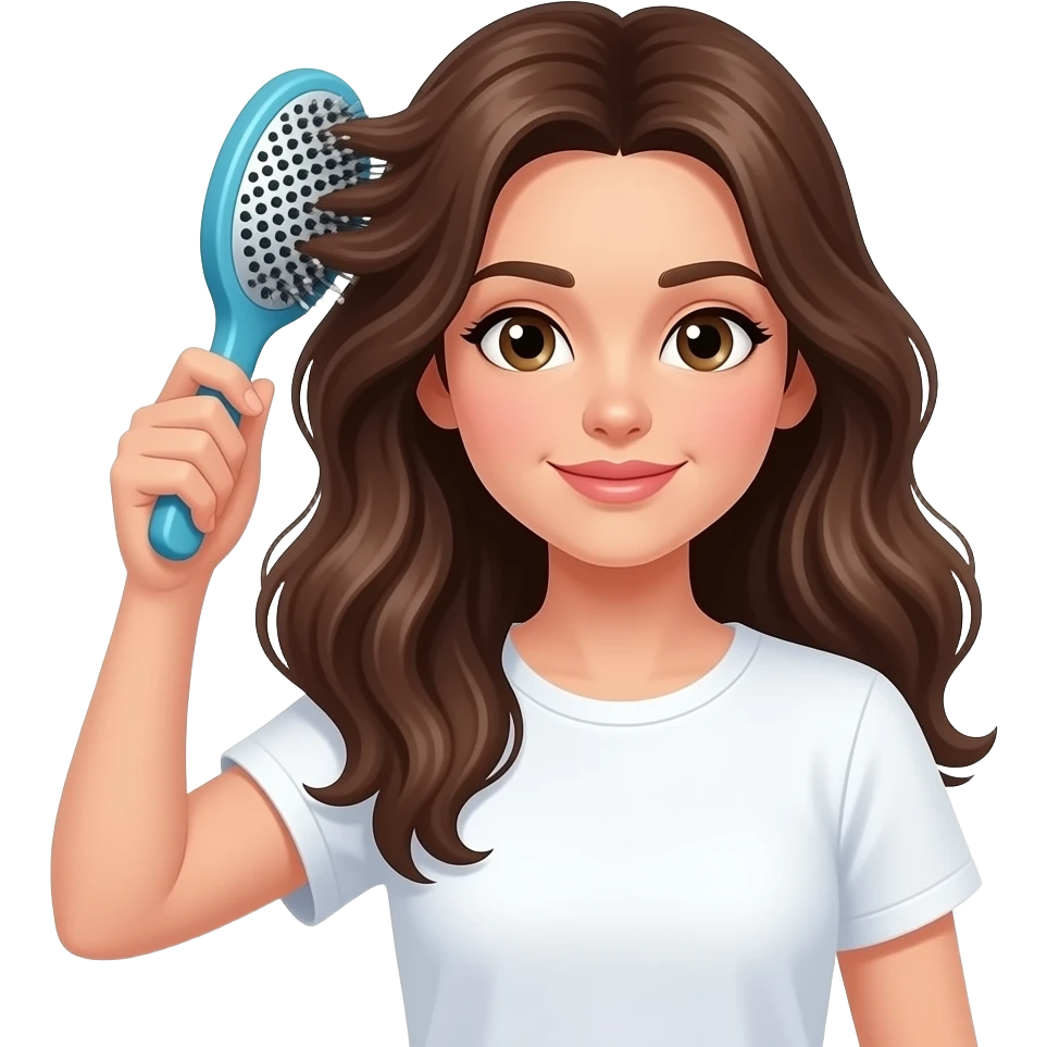 emoji estilo apple de una chica morena cepillandose el pelo con el cepillo d ela foto y que se vea mitas del pelo desenredado o la otra mitad enredado, camiseta blanca. el cepillo el de beter:https://beter.es/es/inicio/1893-cepillo-detangling-natural-fiber.html emoji