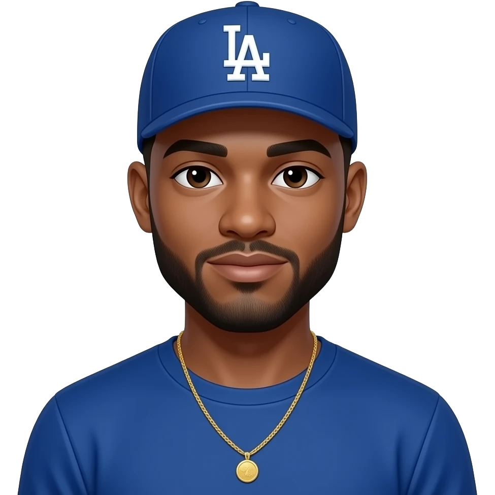 African American man with a light skin complextion with lightly shaved black beard wearing a blue Los Angeles Dodgers baseball cap wearing a long sleeve blue shirt wearing a gold tennis necklace emoji