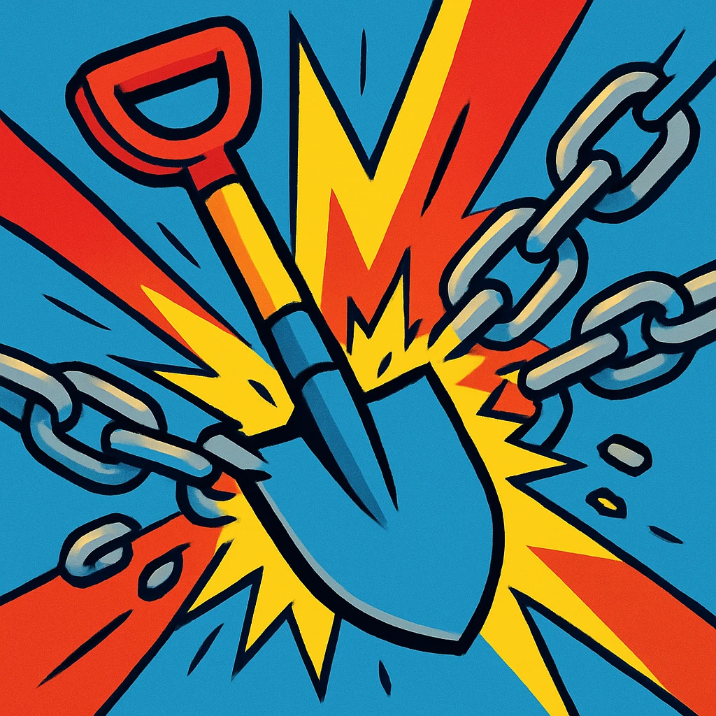 a shovel breaking a chain, vibrant and dynamic style emoji