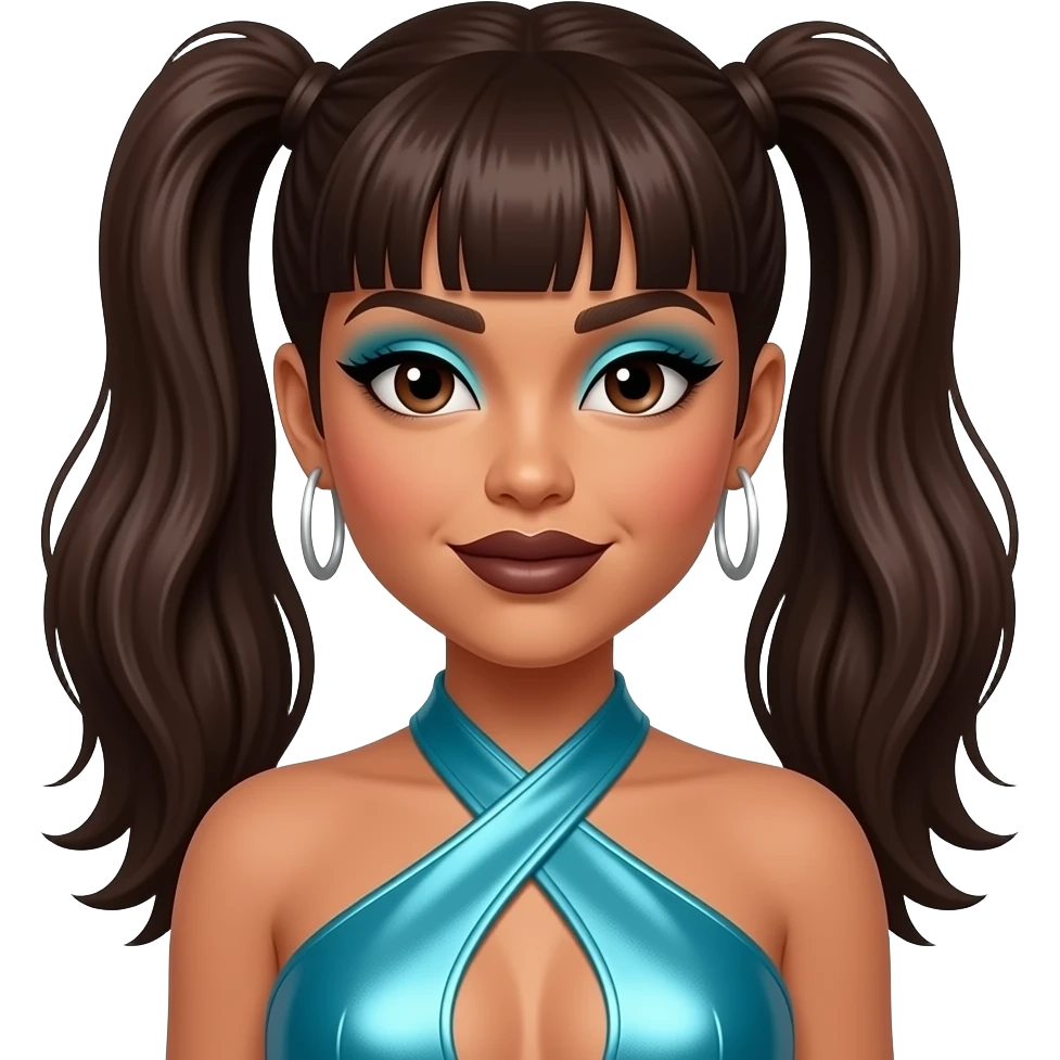Lisa Left Eye Lopes from TLC with dark brown eyes, dark brown two high ponytail hair with bang, cyan eyeshadow, dark brown lipstick, cyan metallic halter dress, silver earrings emoji