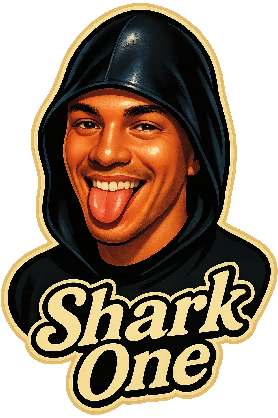 Make him Smiling with tongue sticking out
Add the words Shark One emoji
