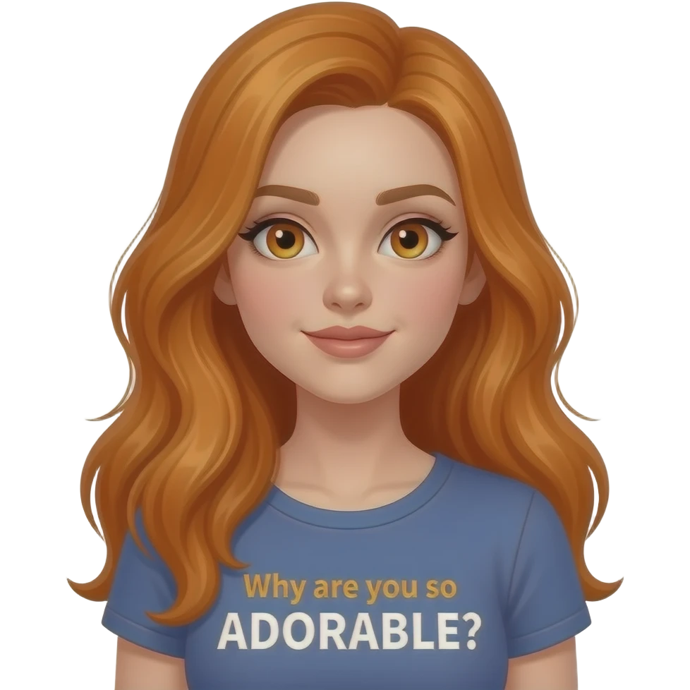 sexy girl with overlong ginger hair and ginger eyes a top with Why are you so ADORABLE? written on it emoji