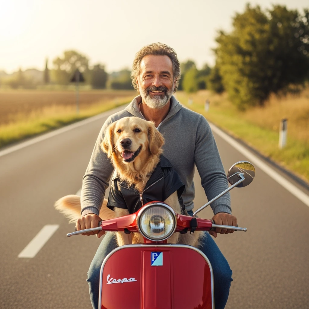 man and his pet dog riding a vespa emoji