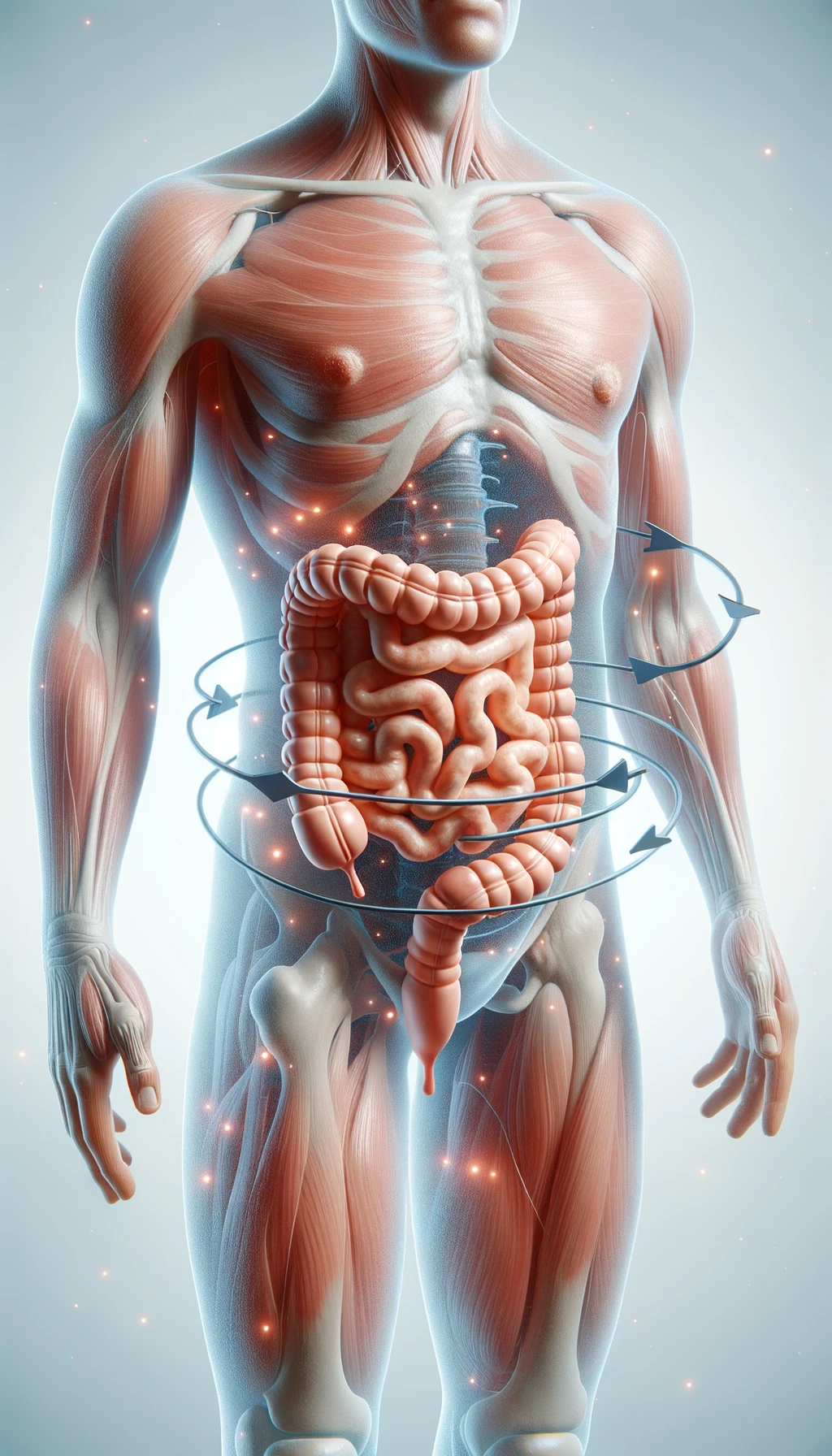 corpo umano anatomico con intestino umano anatomico con frecce 3d che gli girano intorno, sfondo chiaro, iperrealistico 4k emoji