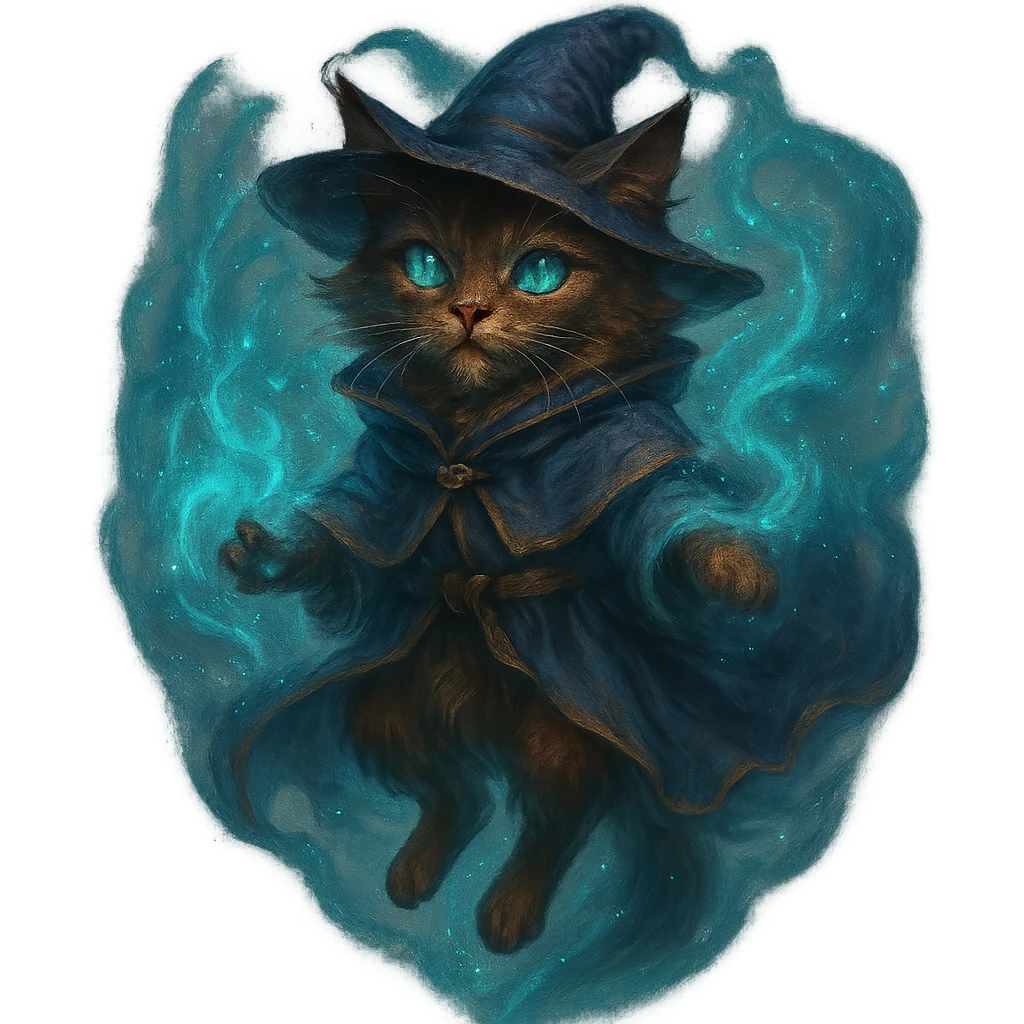 wizard cat floating with a magical aura, mystical fantasy style emoji