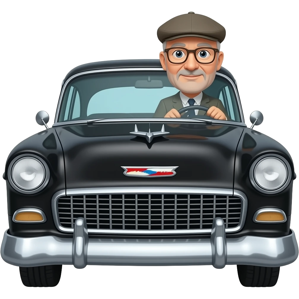 OLD MAN WITH  NO FACIAL HAIR GLASSES AND FLAT CAP DRIVING BLACK 1955 CHEVY WITH emoji