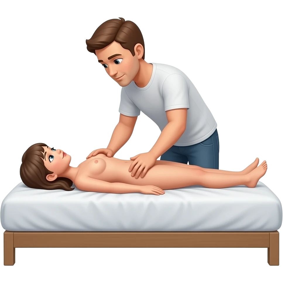 man massaging a naked woman laying on her back on a bed with no sheet emoji