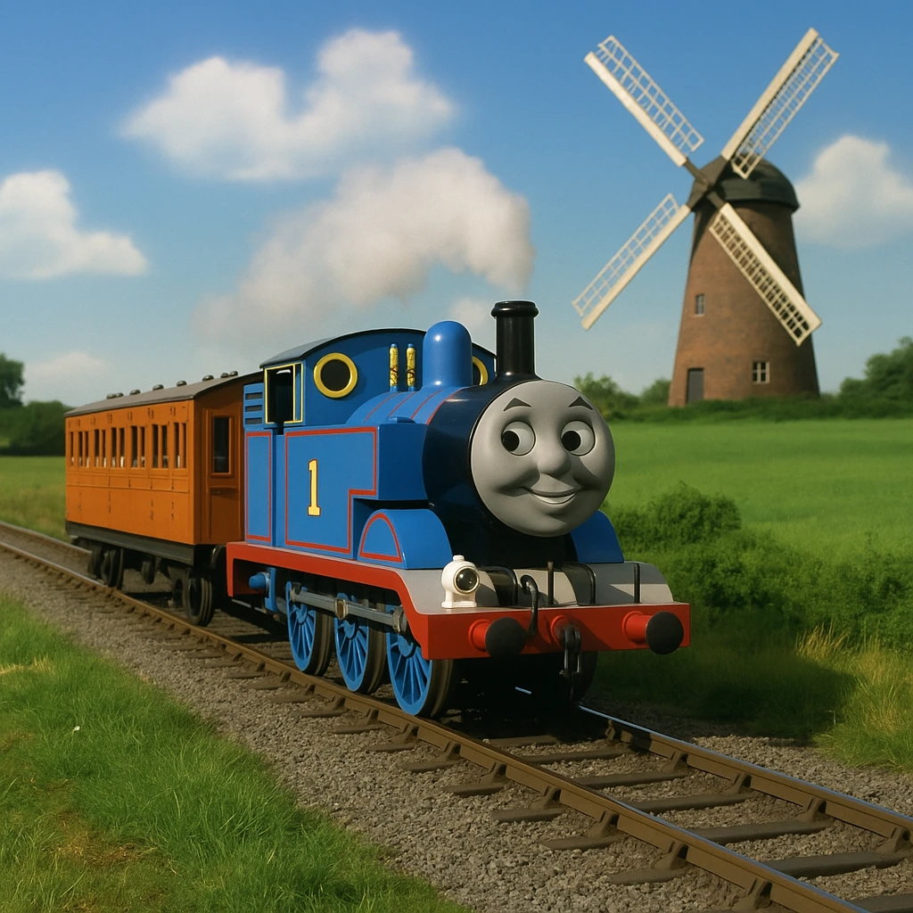Thomas the Tank Engine with Annie and Clarabelle passing a windmill, authentic TV show look, blue locomotive, two orange coaches, green fields, no text emoji