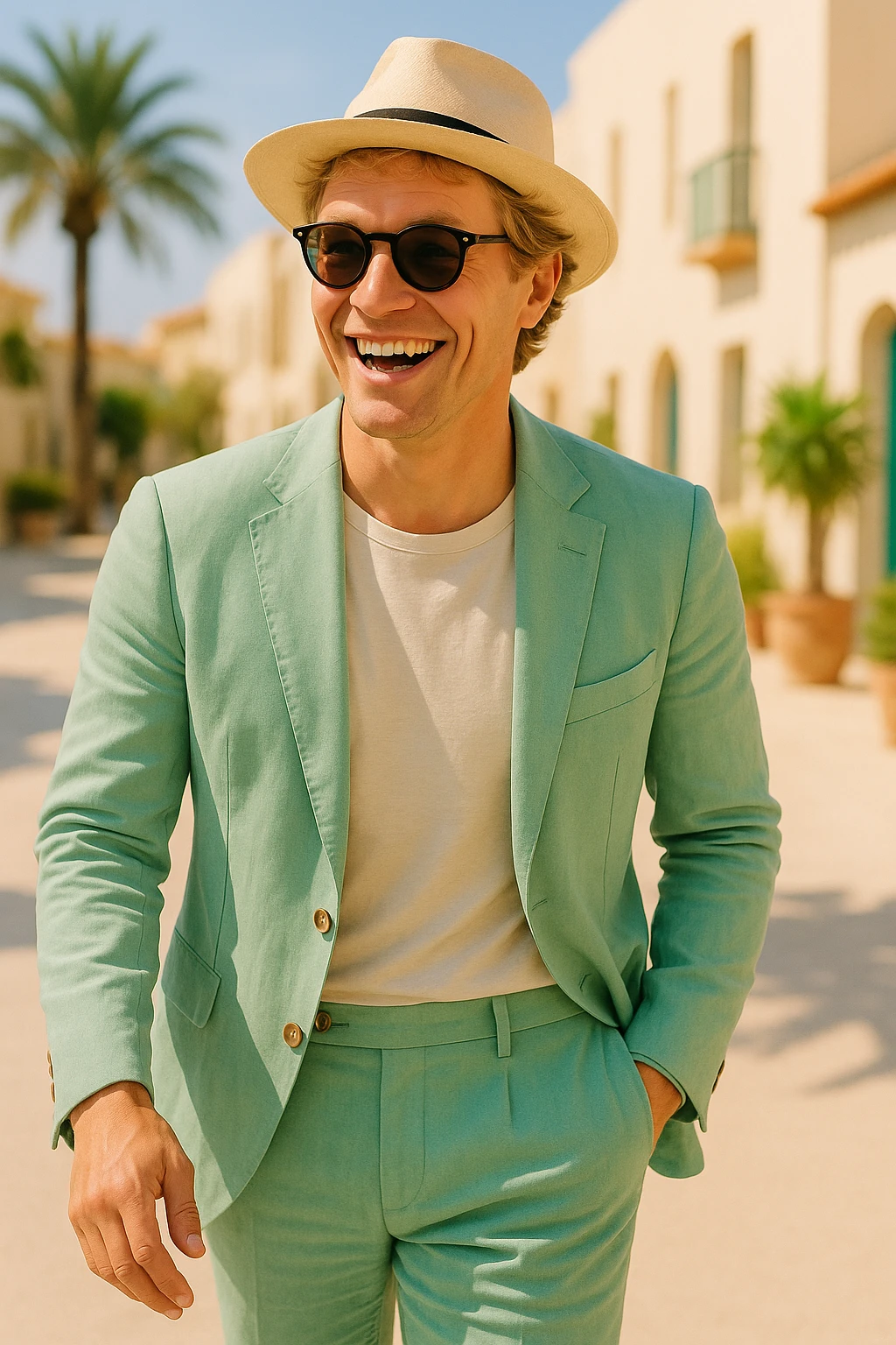 Make the man more animated and Scandinavian with lively expression and Scandinavian features. Keep the pastel green linen suit, sunglasses, and straw hat. emoji