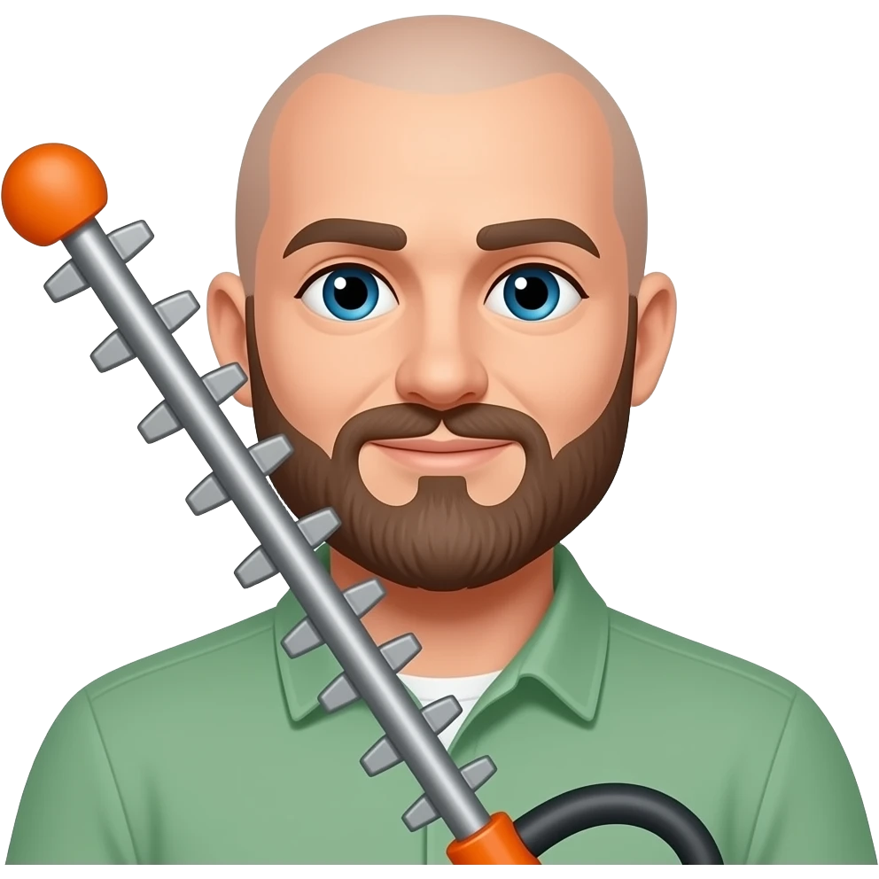 bald man with four inch beard using a string trimmer, weedeater (not hedge trimmer) emoji
