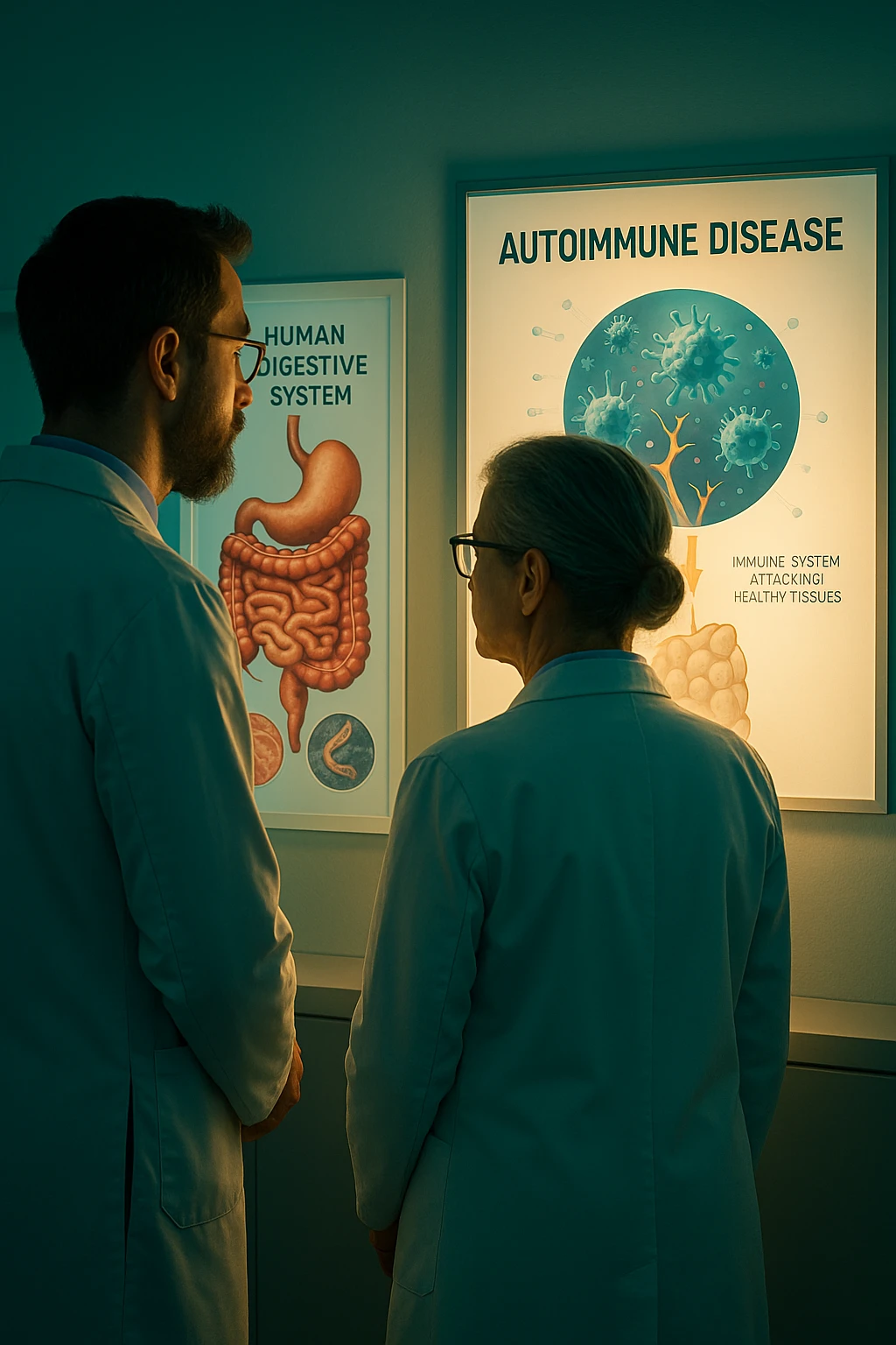 In italiano Realistic, detailed photo taken from behind of two doctors—a bearded man and a middle-aged woman—standing side by side in a modern medical office, intently studying a large, illuminated medical chart on the wall. The chart displays a detailed diagram of the human digestive system, highlighting the intestines and showing microscopic images of intestinal parasites. Next to it, another chart illustrates the immune system attacking healthy tissues, visually connecting gut parasites to autoimmune disease mechanisms. The room is bathed in a single green-blue color, with a warm, yellow-orange light casting soft shadows around the doctors. Both wear white coats and have serious, focused expressions, suggesting a deep discussion about the root causes of autoimmune conditions. Shot with a Canon EOS R5, with high detail, natural depth of field, and a clinical yet dramatic atmosphere. emoji