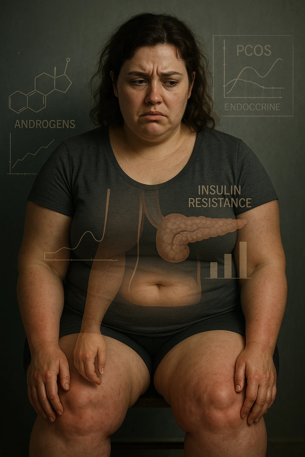 cinematic realistic in italiano Woman with PCOS struggling with hormonal chaos, transparent overlay showing elevated androgens and insulin resistance affecting her body, lipedema causing disproportionate fat accumulation in legs and arms despite normal torso, expression of frustration with unexplained weight gain, medical charts showing complex endocrine dysfunction, painful swollen limbs contrasting with metabolic confusion scrivi in italiano emoji