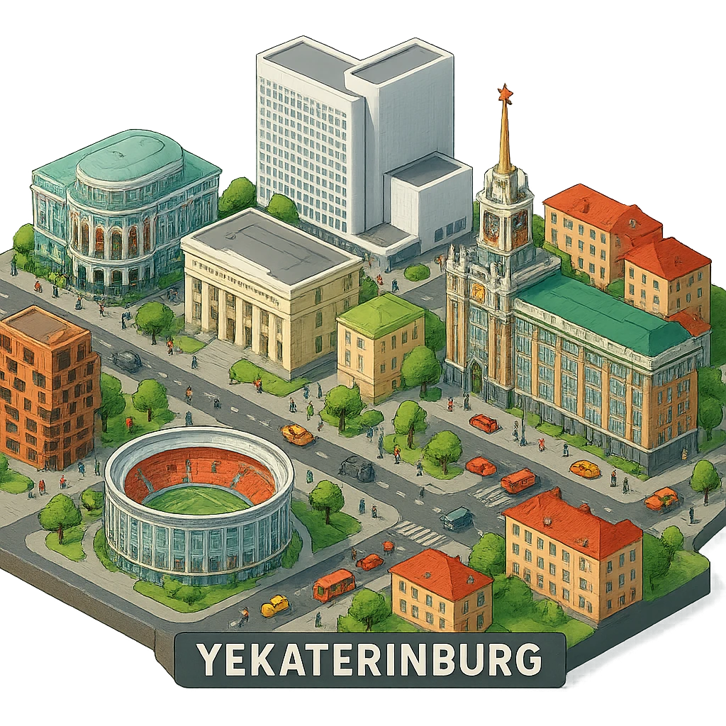 Изометричная миниатюрная фотореалистичная 3D модель Екатеринбурга - Дом Севастьянова, Ельцин-центр, Уральский федеральный университет, дома, Екатеринбург Арена, Медный дом, Здание Свердловского городского совета народных депутатов четкая детализация, яркие цвета, мультяшный реализм, люди, автотранспорт, компактная композиция, вид сверху в изометрии, прозрачный фон emoji