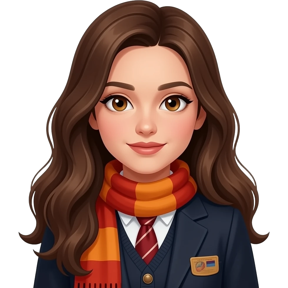 make a sticker of medium skin girl, american race, brown eyecolor, dressing like a lybrarian or dark academia outfit, brunette long hair, downtown makeup, and a red or orange scarf around her neck as if it was in fall season emoji