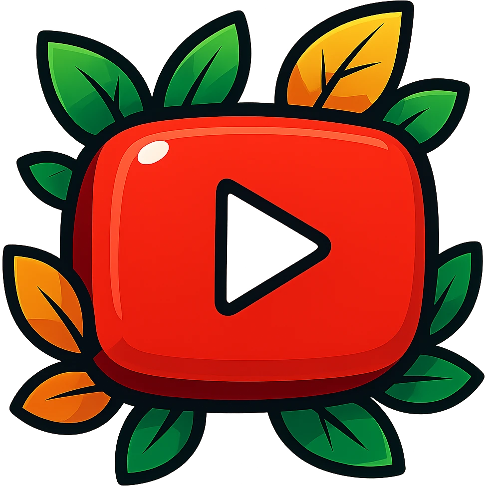 Chunky, soft, and glossy YouTube logo, vibrant toon style, bold outline, strong graphic shadows, bright highlights, decorated with colorful leaves, no background. Extra attention to contours and shine, in the style of the reference image, but even more rounded and flat. emoji