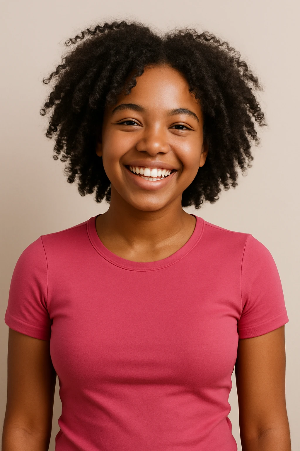 A cheerful black girl, curly black hair, pink tightfitting top, modern style, plain background. emoji