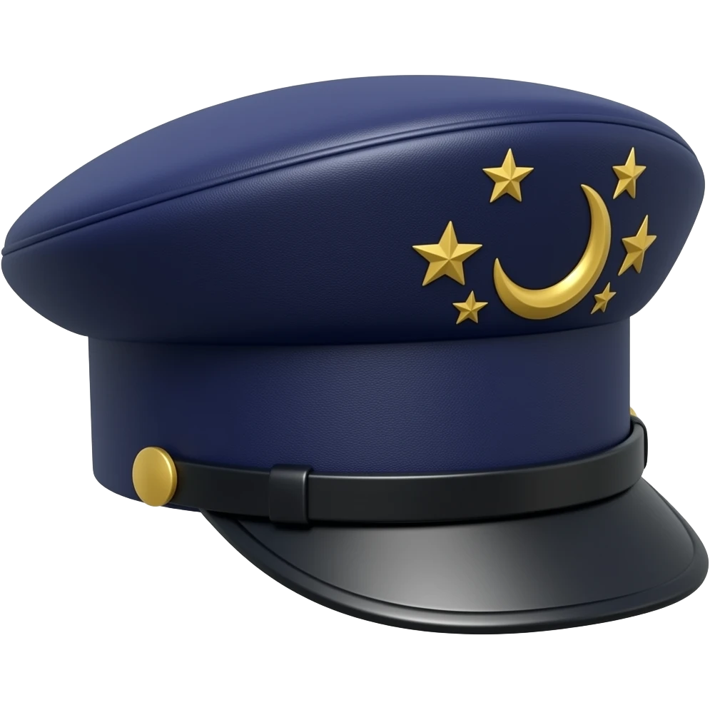 Dark navy-indigo leather Dommy Kepi hat with gold stars and a gold crescent on the side emoji