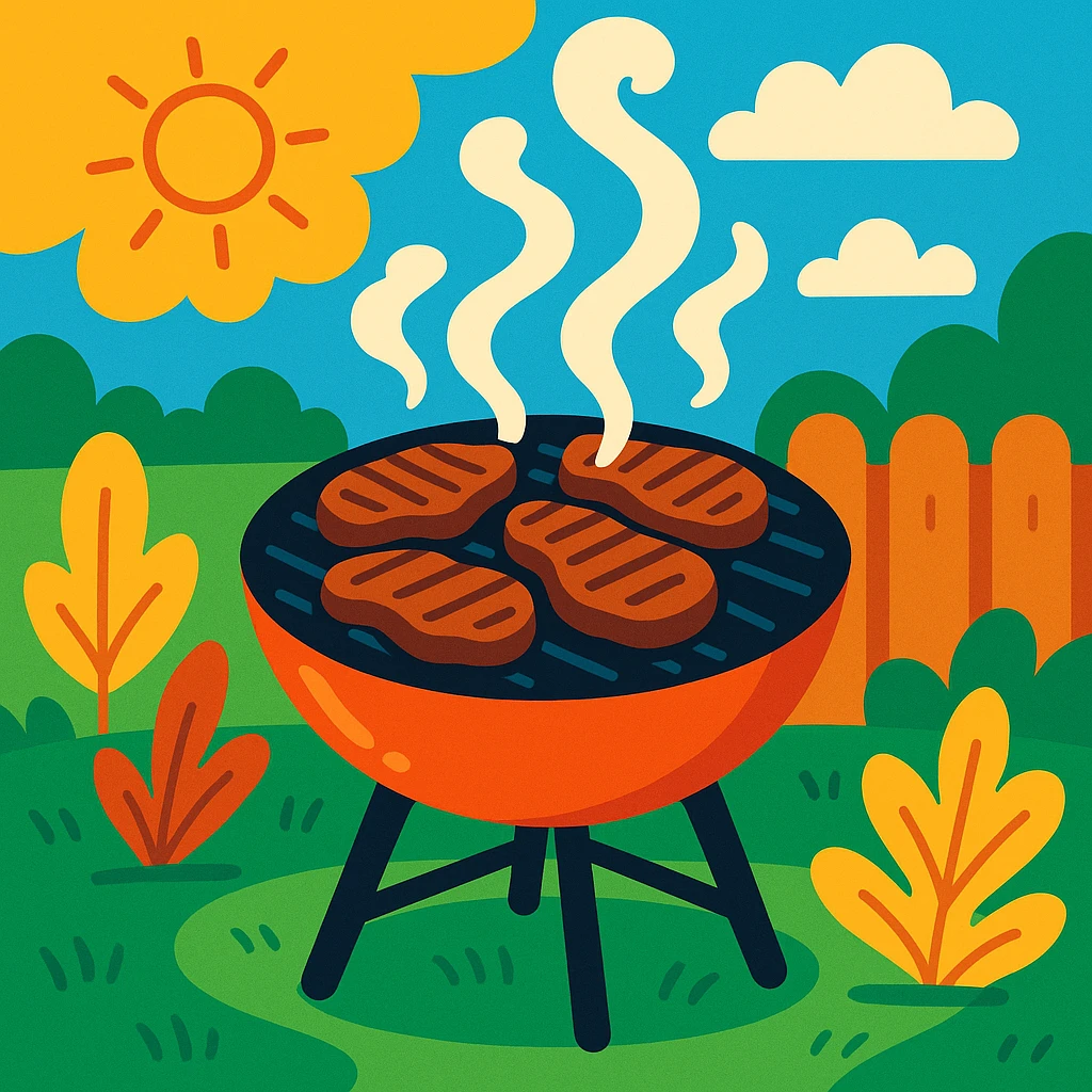 a grill with carne (meat) cooking, smoke rising, outdoor setting, vibrant colors emoji